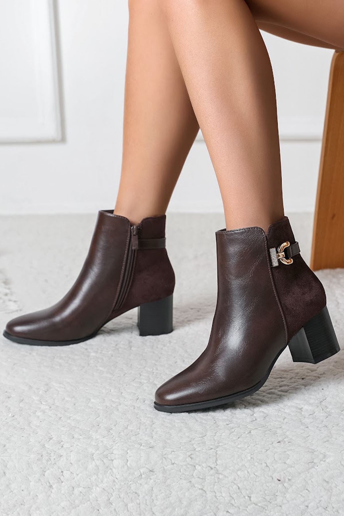 Decorative Buckle Block Heel Ankle Boots in Coffee