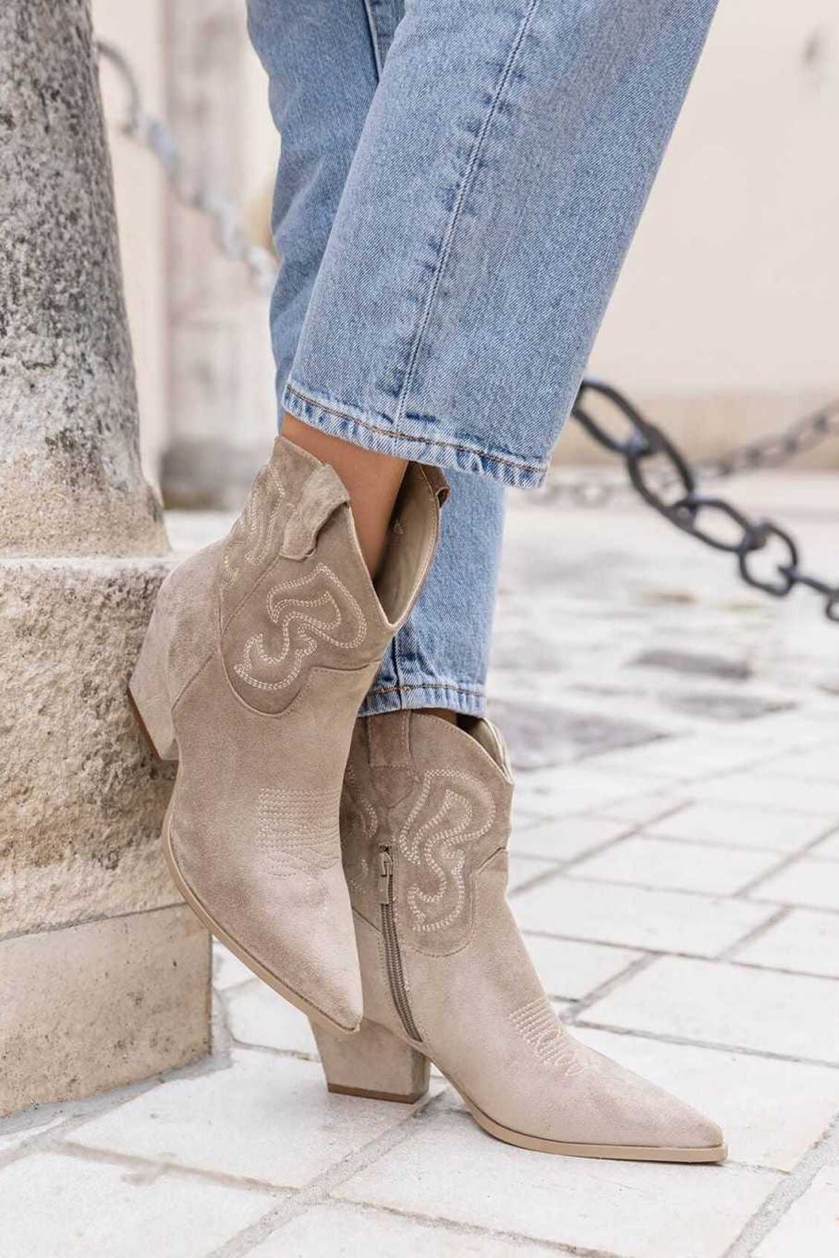 Suede Embroidered Side Zip Ankle Boot in Khaki