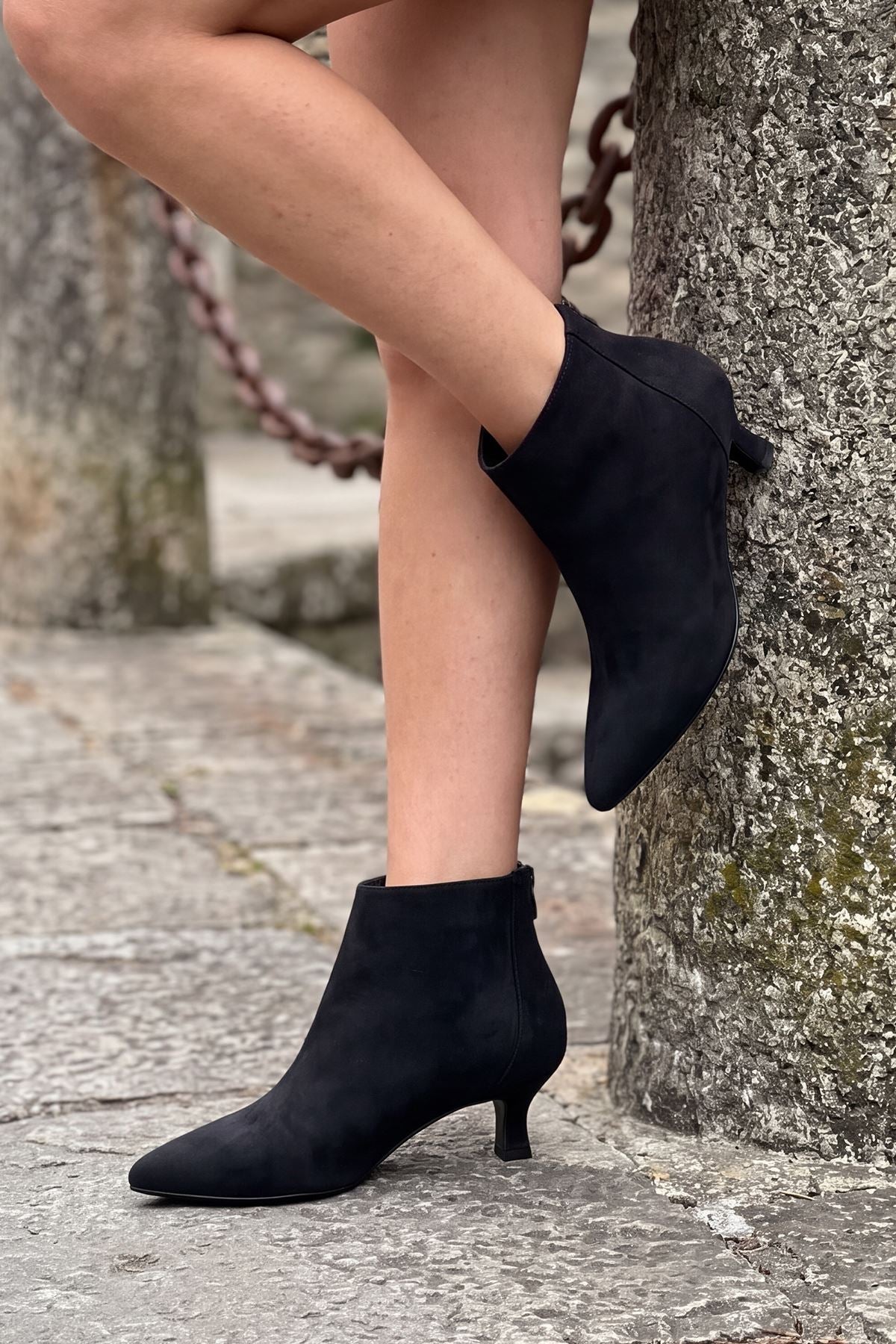 Suede Pencil Heel Ankle Boot in Black