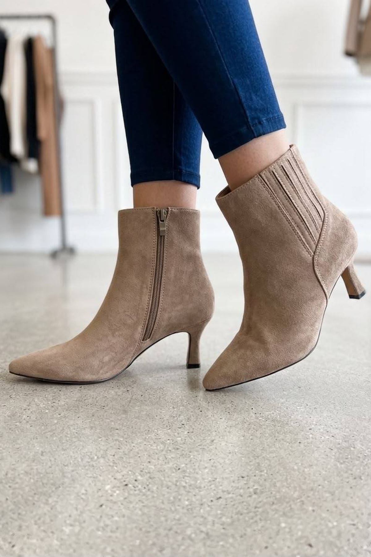 Womens Suede Pointed Toe Side Zip Ankle Boots in Khaki