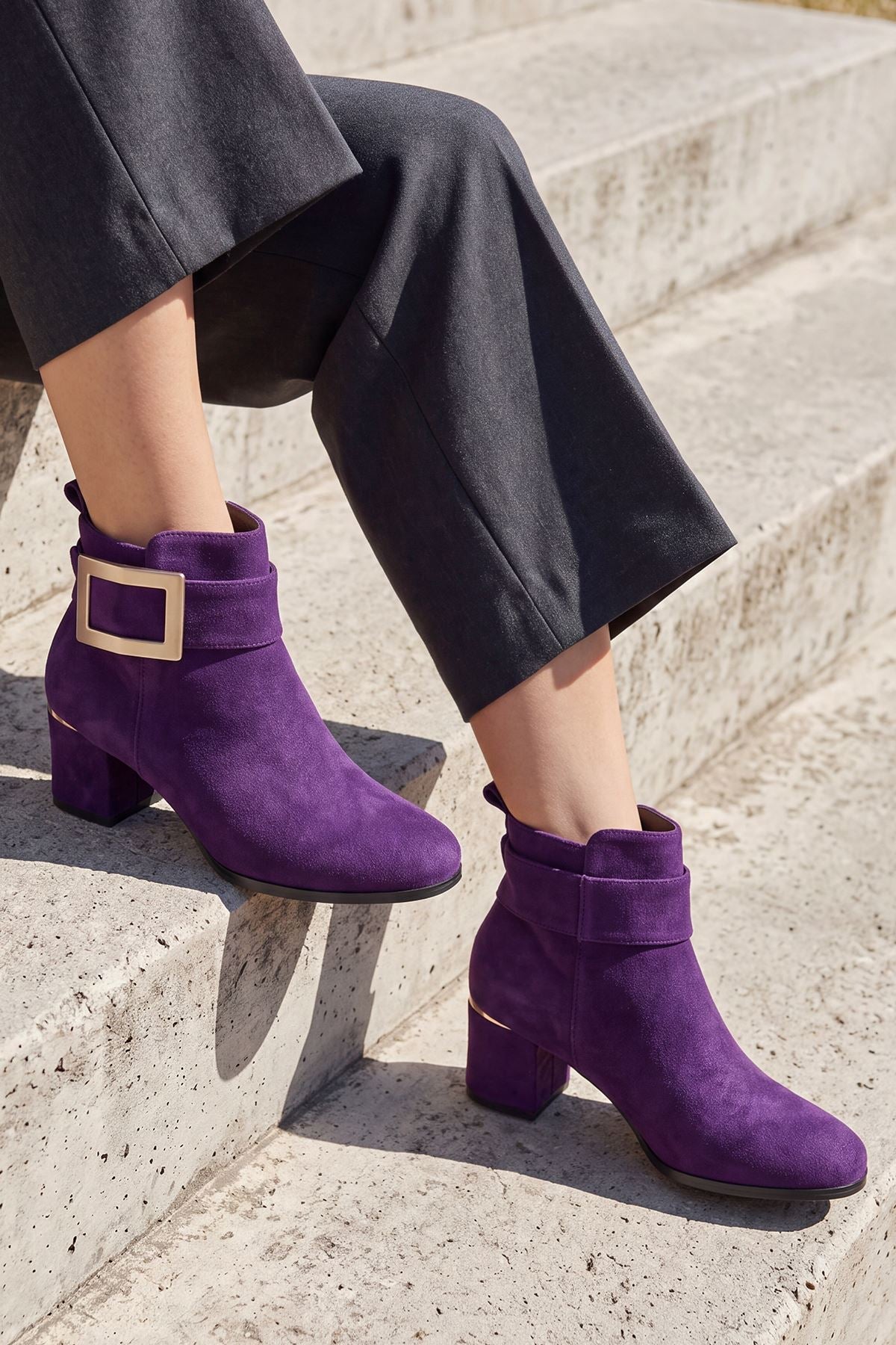 Suede Side Buckle Block Heel Ankle Boot in Purple