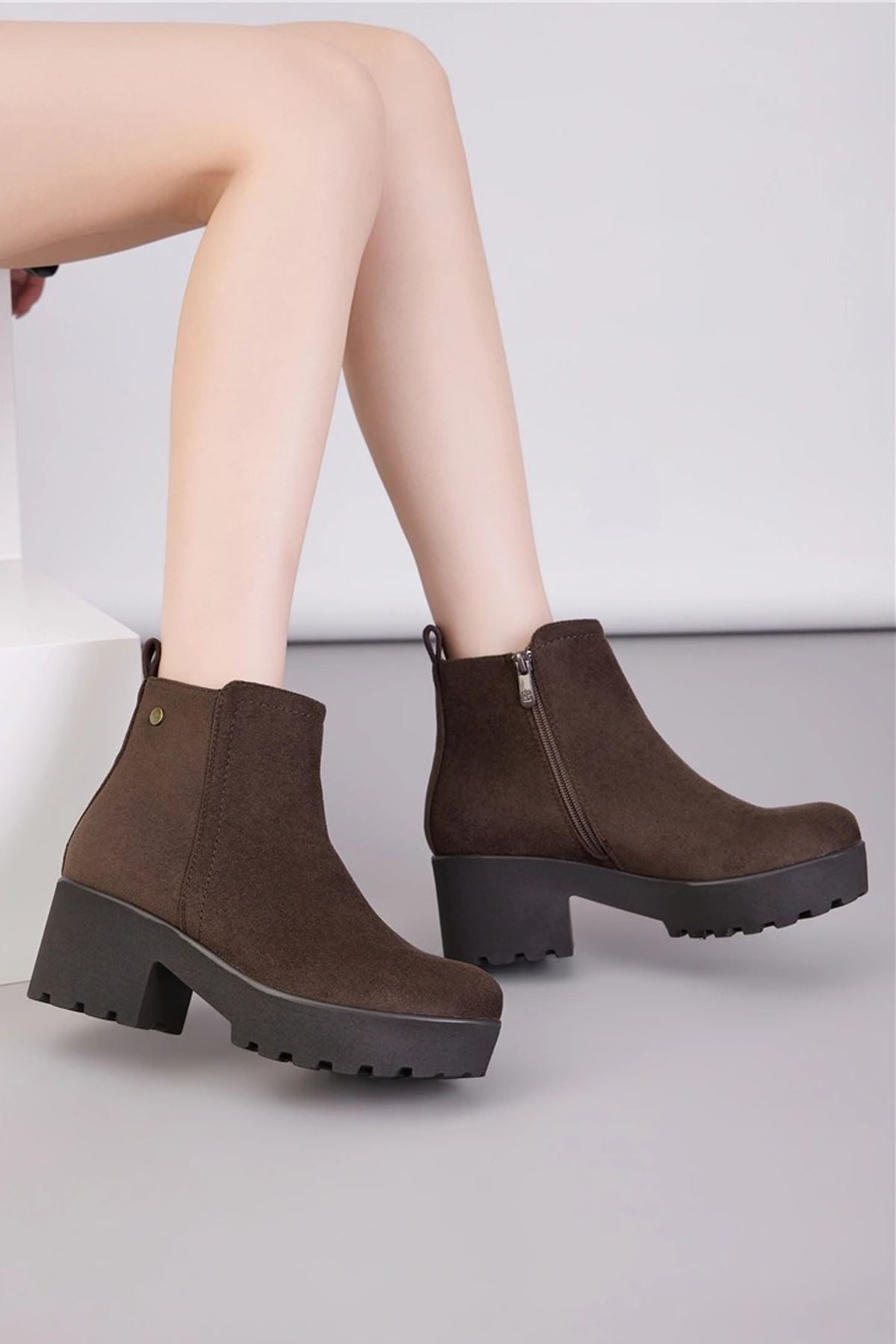 Suede Side Zip Block Heel Ankle Boot in Brown