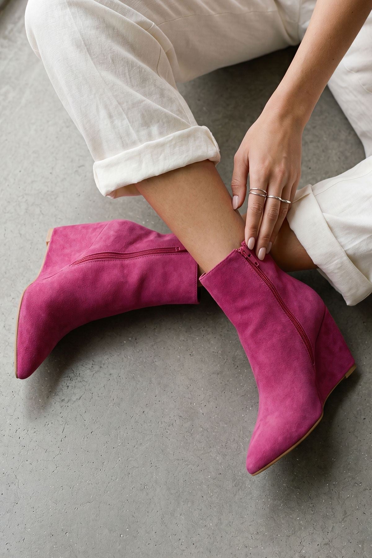 Womens Suede Zip Wedge Ankle Boots in Brown